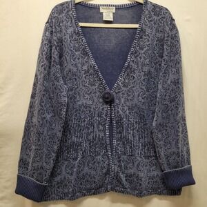 North Style XL Blue Sweater One Snap Button Cardigan Washed Denim Print